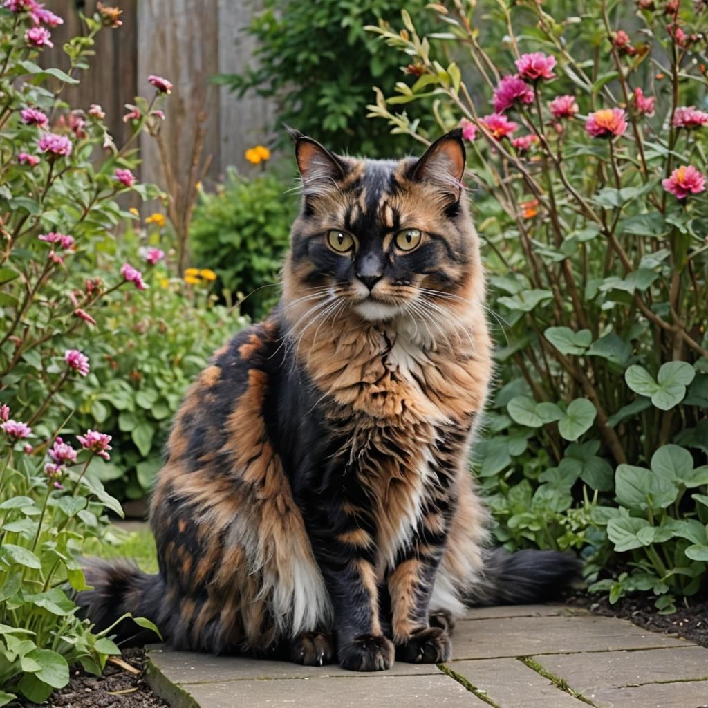 Fluffy Tortoiseshell Cat in a Vibrant Garden