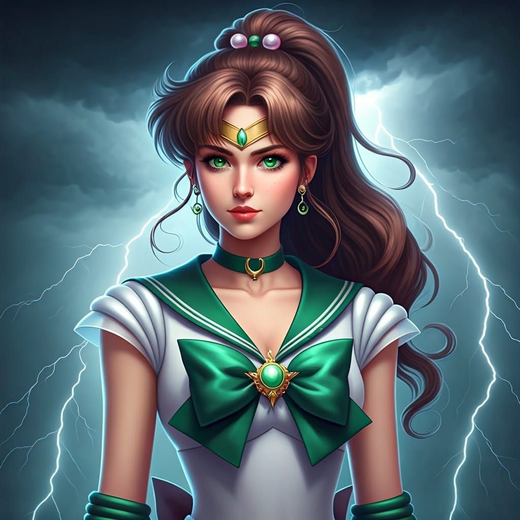Sailor Jupiter in Confident Pose Against Thunderstorm Backgr...