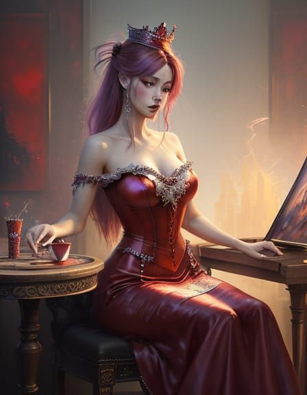 Queen of Hearts Card Art in Cinematic Impasto Style