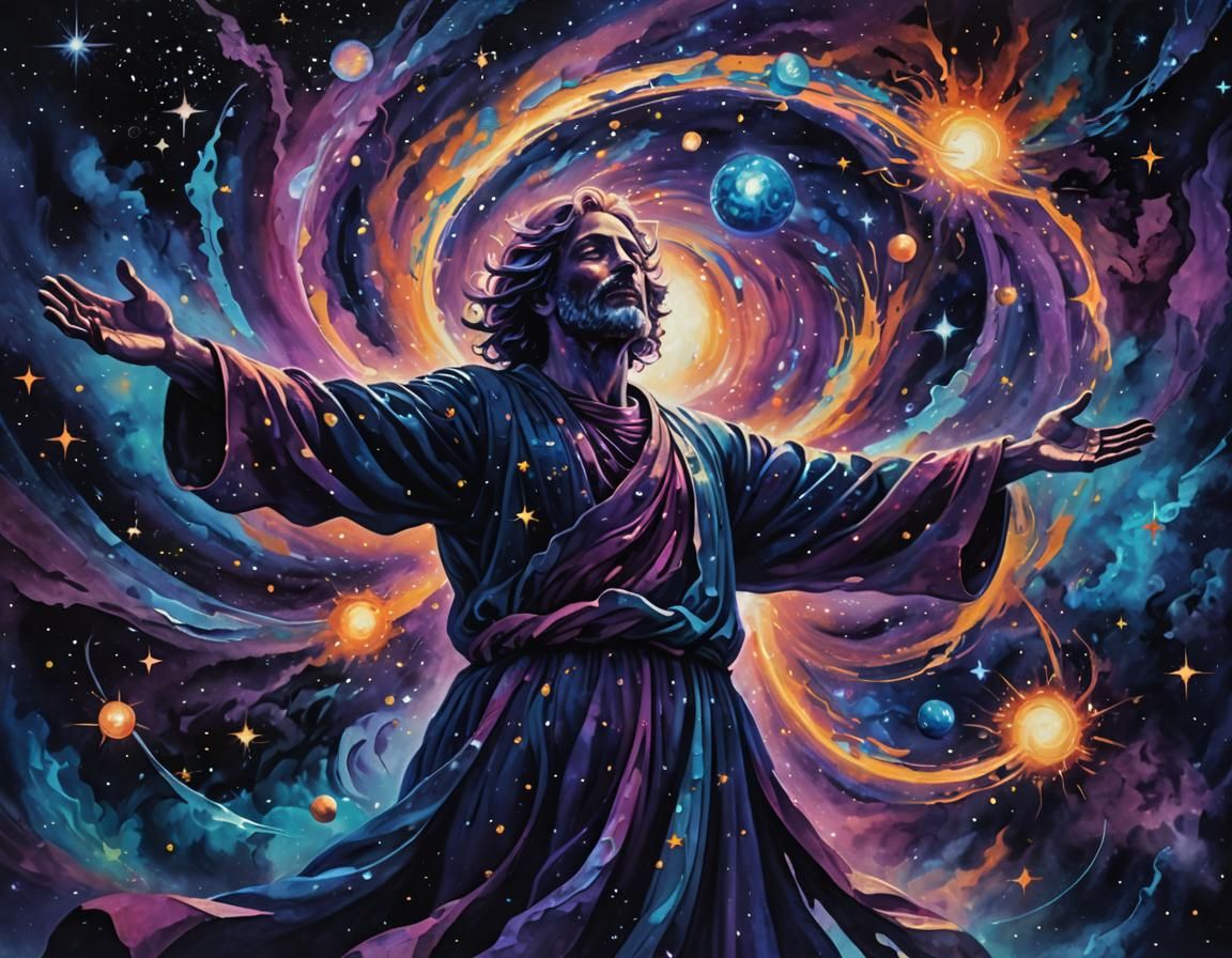 Ethereal Figure Amidst Cosmic Swirls in Space