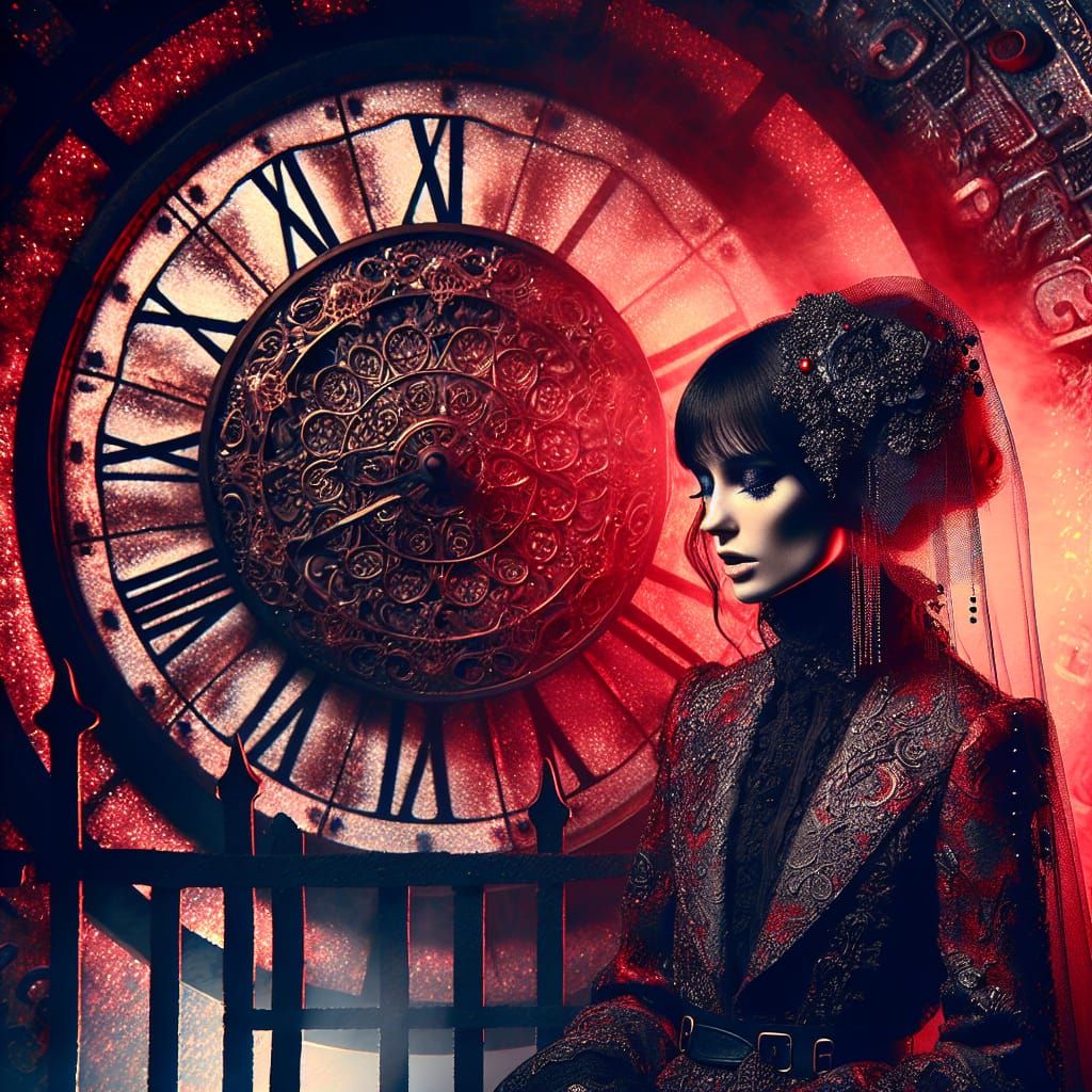 Gothic Model with Antique Clock in Neon Lighting