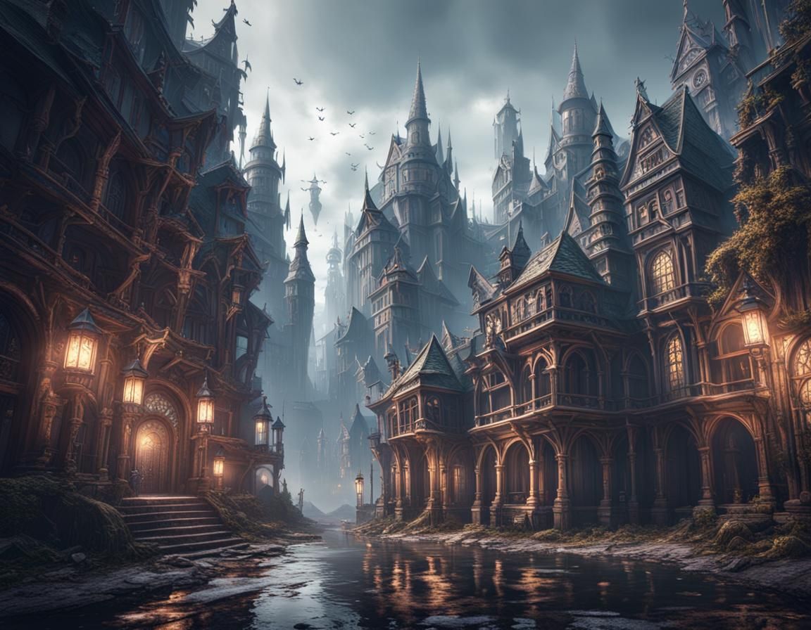 Haunted Dark Fantasy City in Detailed Matte Painting