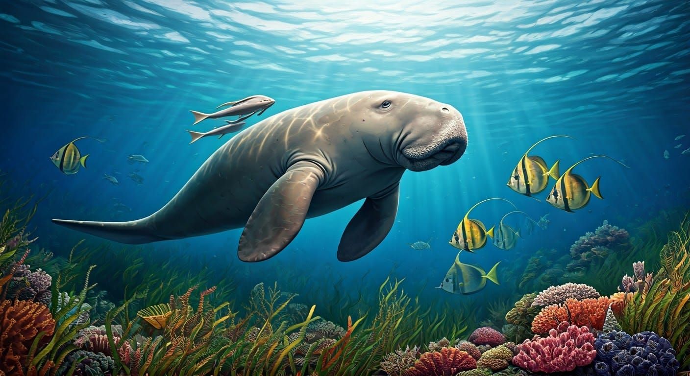 Realistic Dugong in Underwater Seagrass Meadow