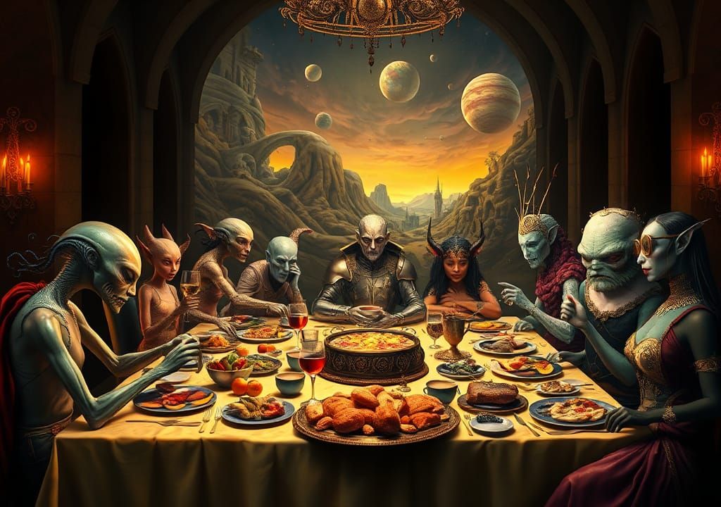 Dreamlike Feast with Alien, Knight, and Imp