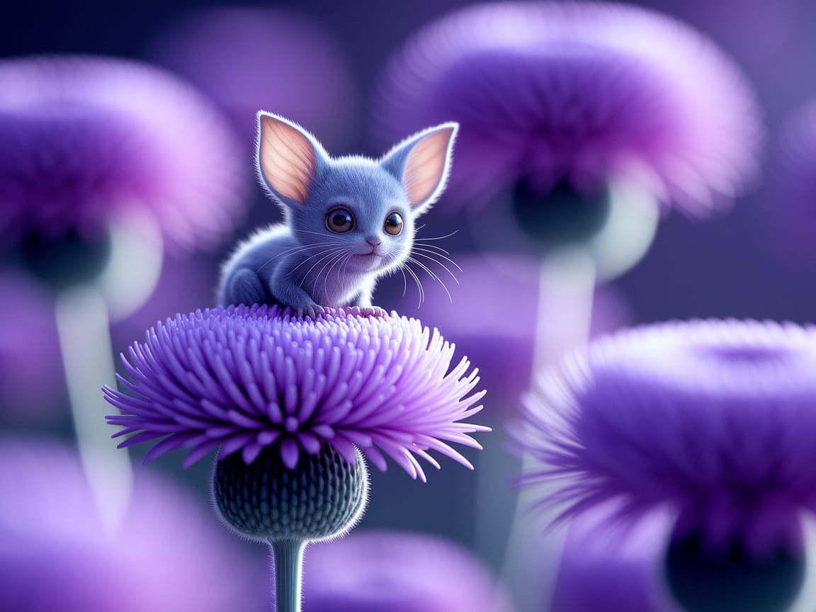 Whimsical Tiny Creature Perched on Purple Flower in Soft Foc...