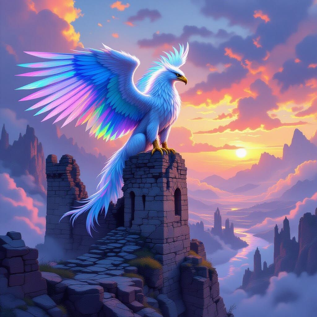 Iridescent Griffin Perched Atop Ancient Castle Ruin