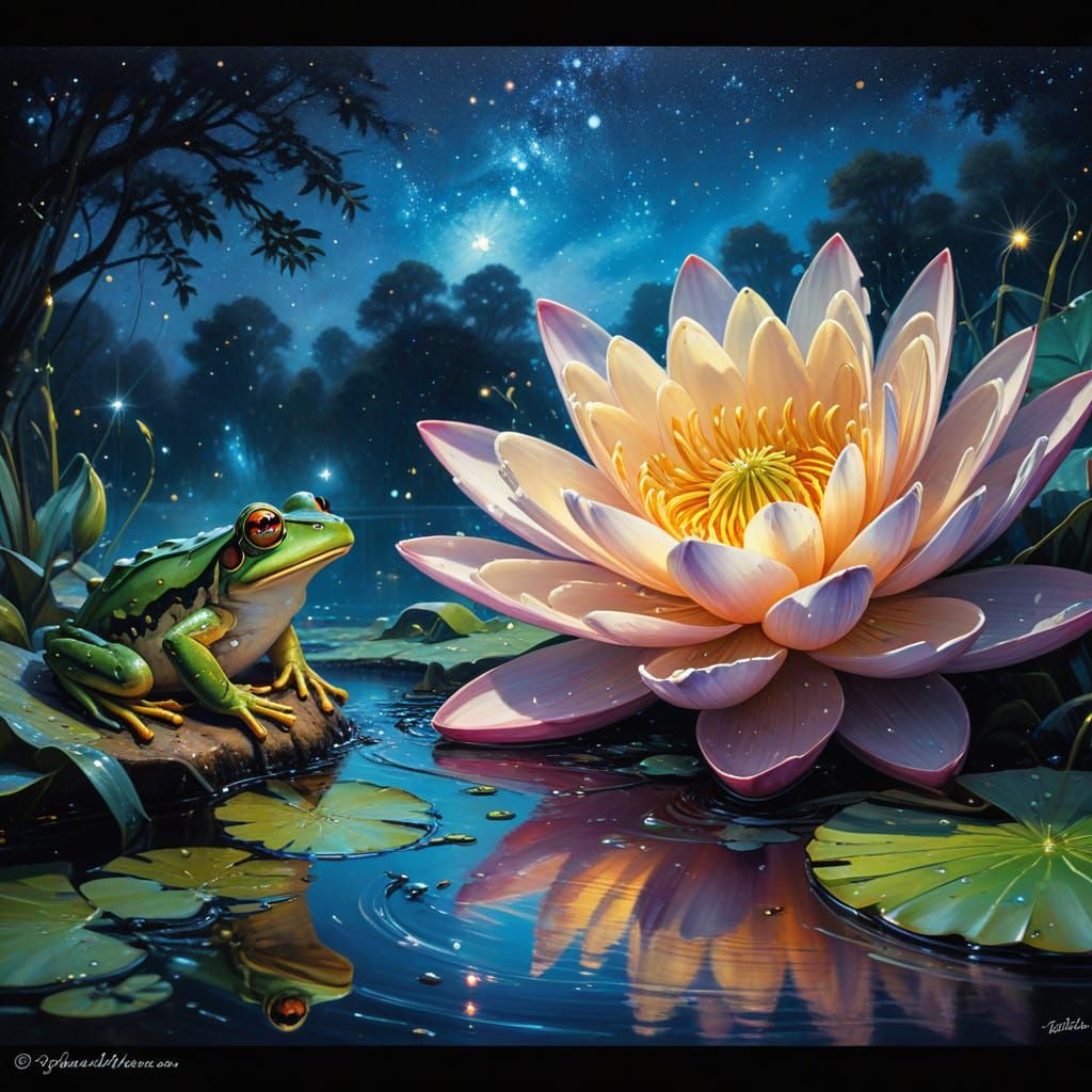 Whimsical Water Lily Scene Under Starry Night Sky