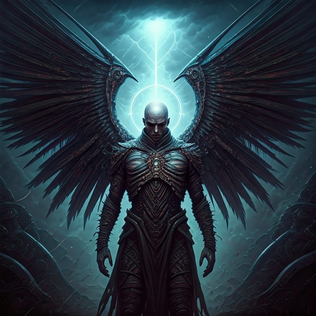 Distorted Winged Figure in Stormy Psychedelic Art