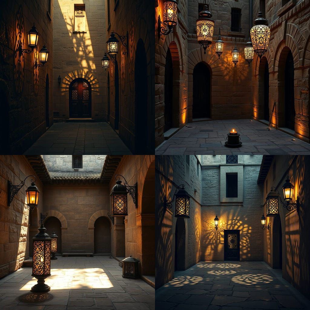 Ornate Lanterns Illuminate Ancient Stone Courtyard