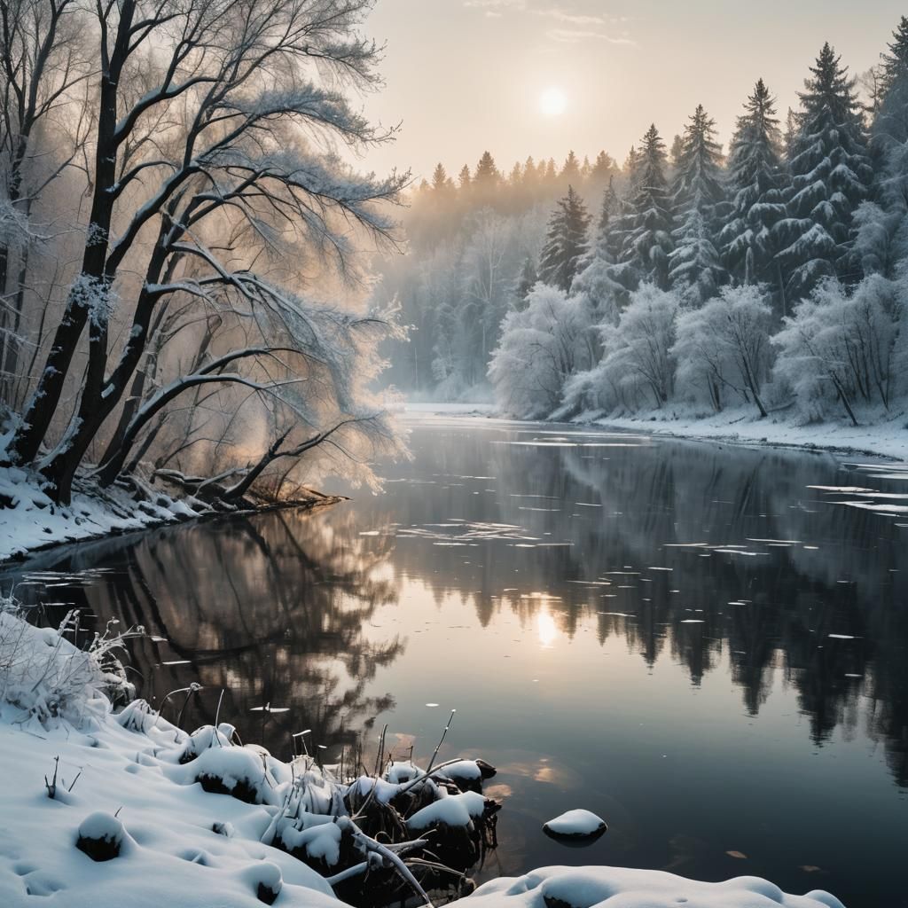 Serene Winter Lake in Golden Hour Light