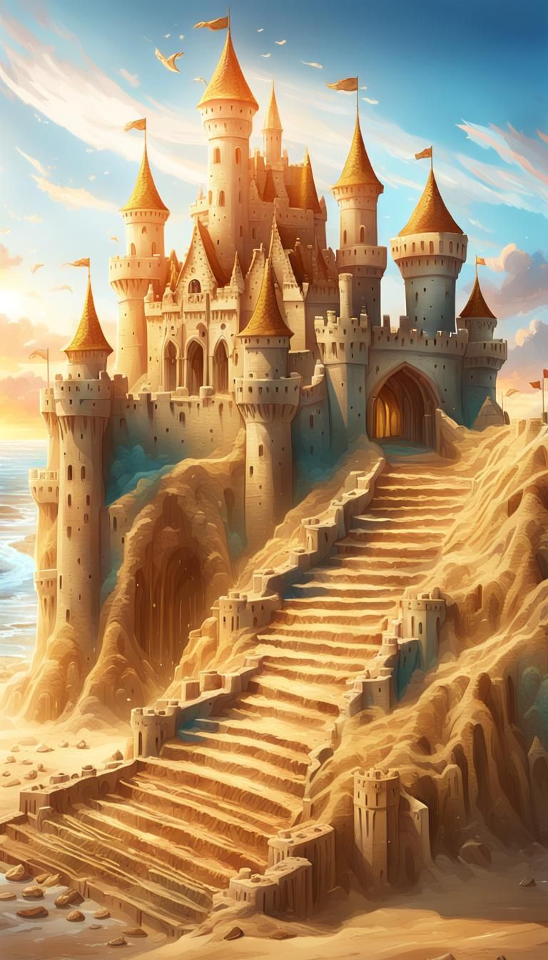 Majestic Sand Castle at Sunset in Miyazaki Style