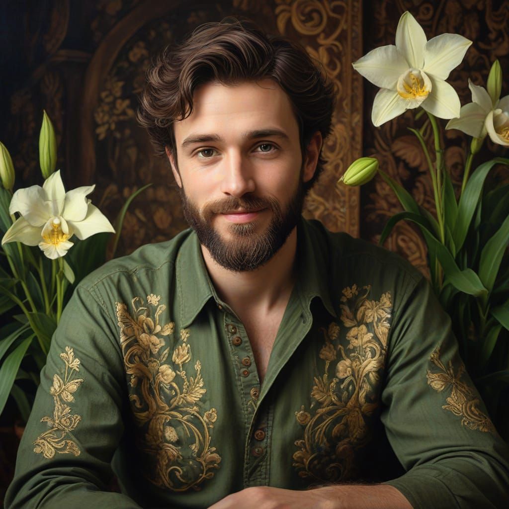 Man in Embroidered Shirt in Ornate Room, Oil Painting