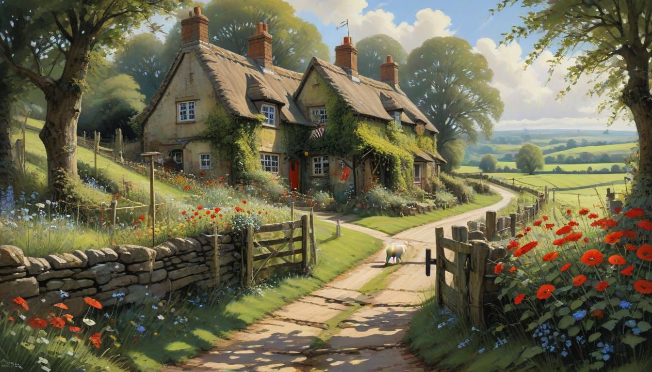 Surreal Countryside Scene with Rustic Charm and Verdant Fiel...