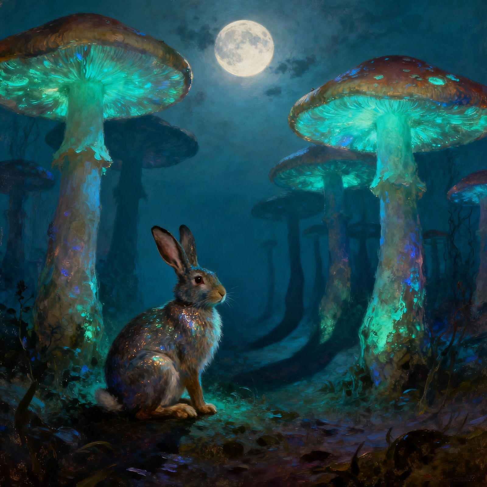 Ethereal Rabbit Among Giant Bioluminescent Mushrooms