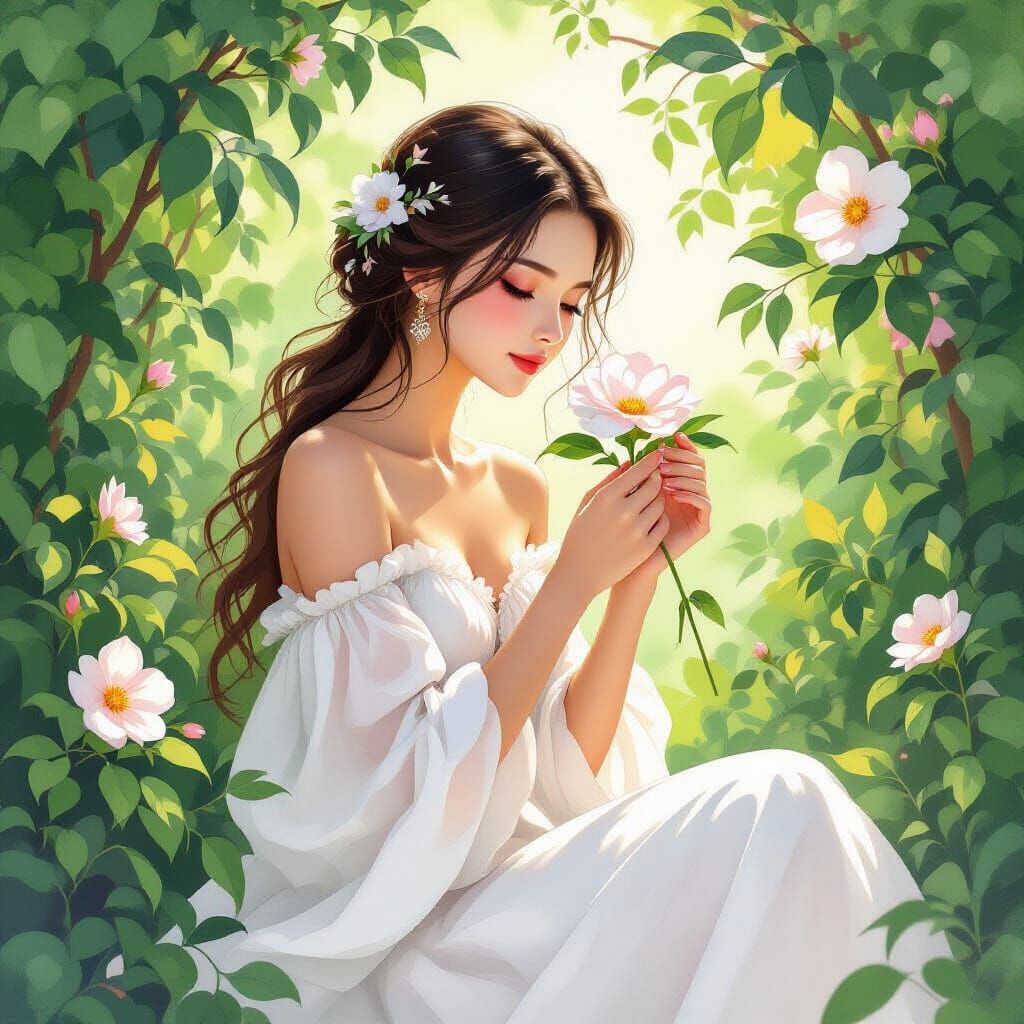 Woman with Rose of Sharon in Whimsical Style