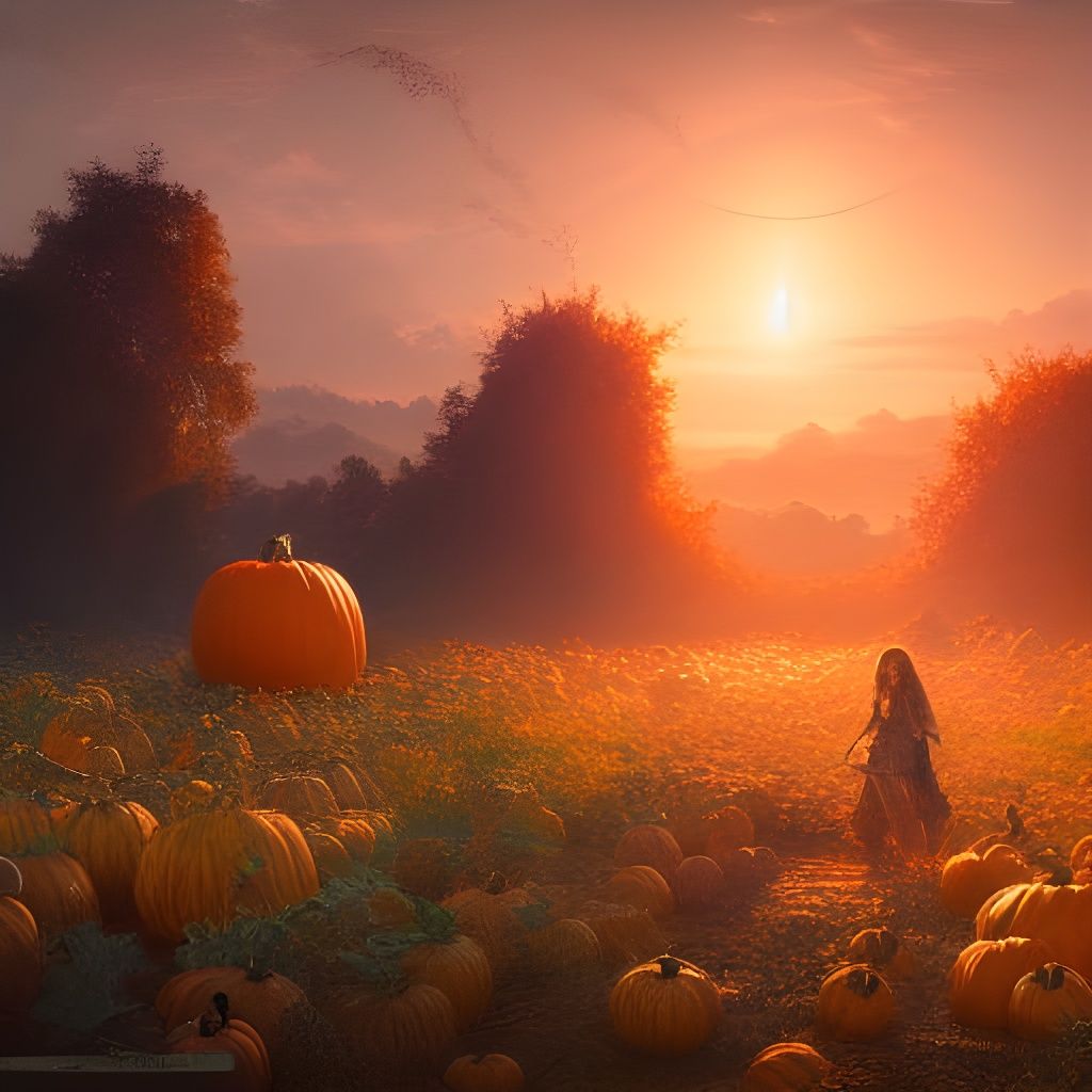 Golden Hour at Pumpkin Patch: Hyperdetailed Fantasy Art