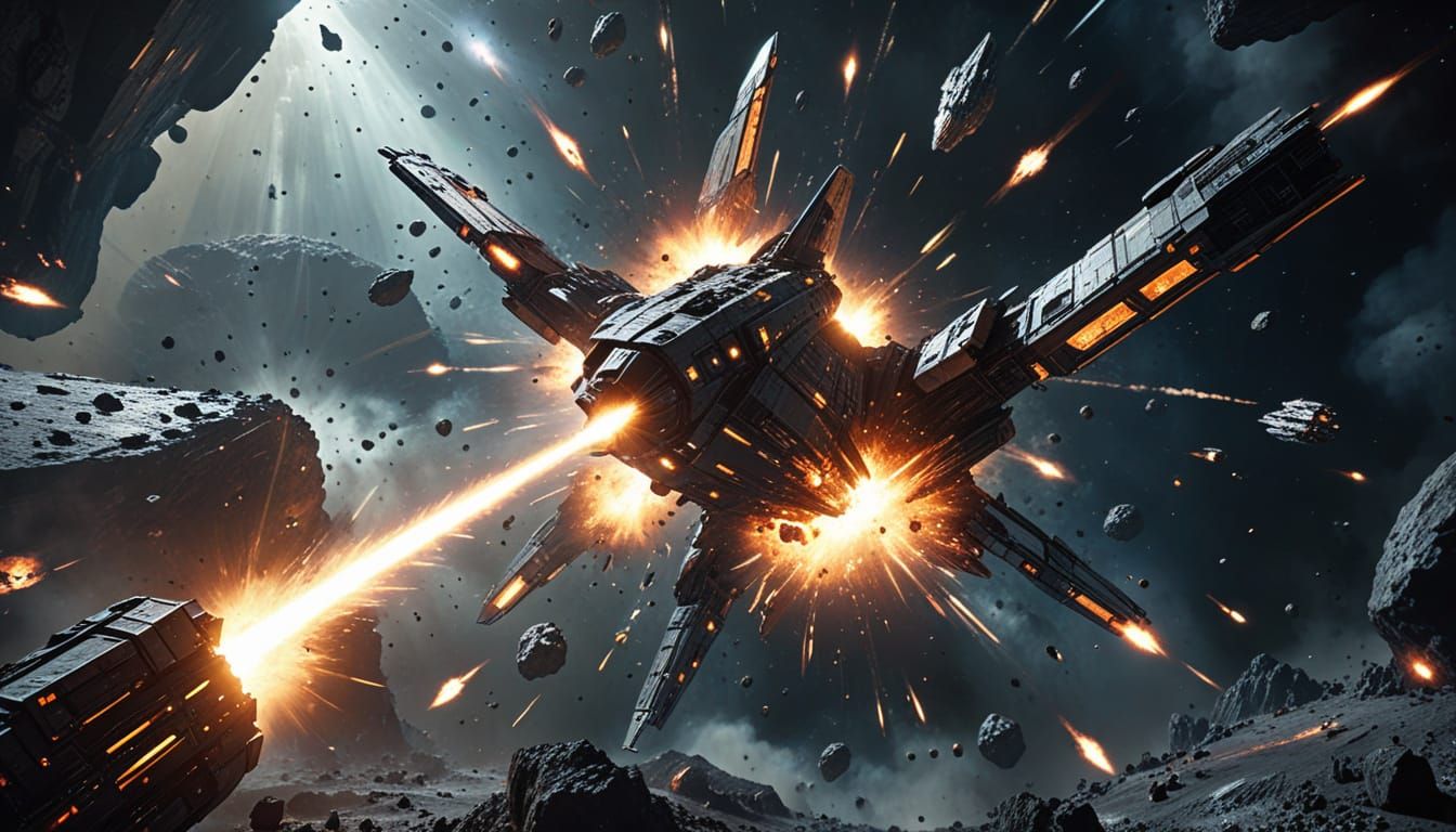 Epic Spaceship Dogfight in Fiery Asteroid Field