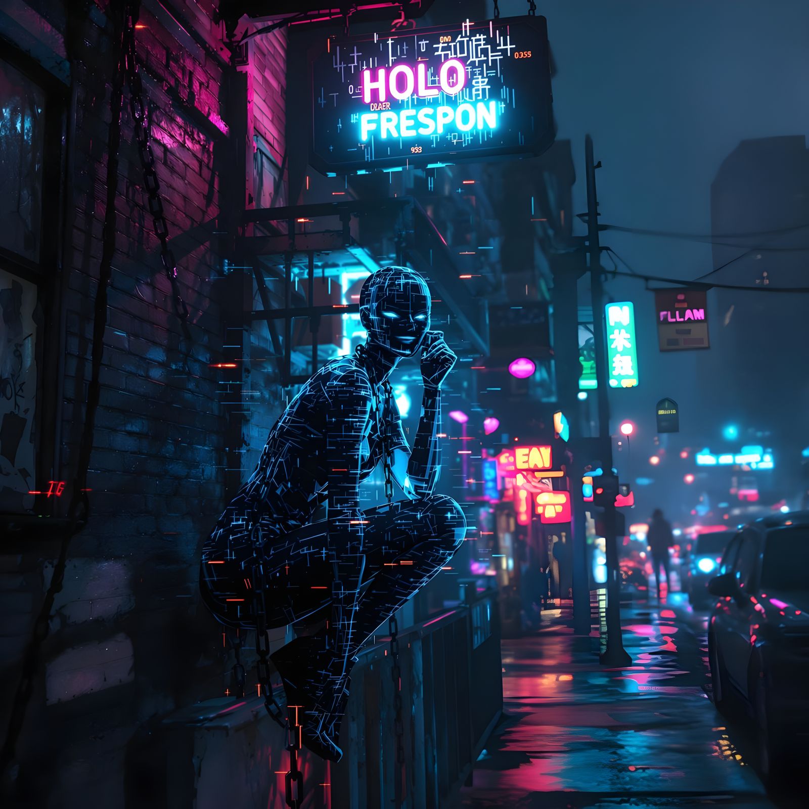 Cyberpunk Figure Crouching on Fire Escape