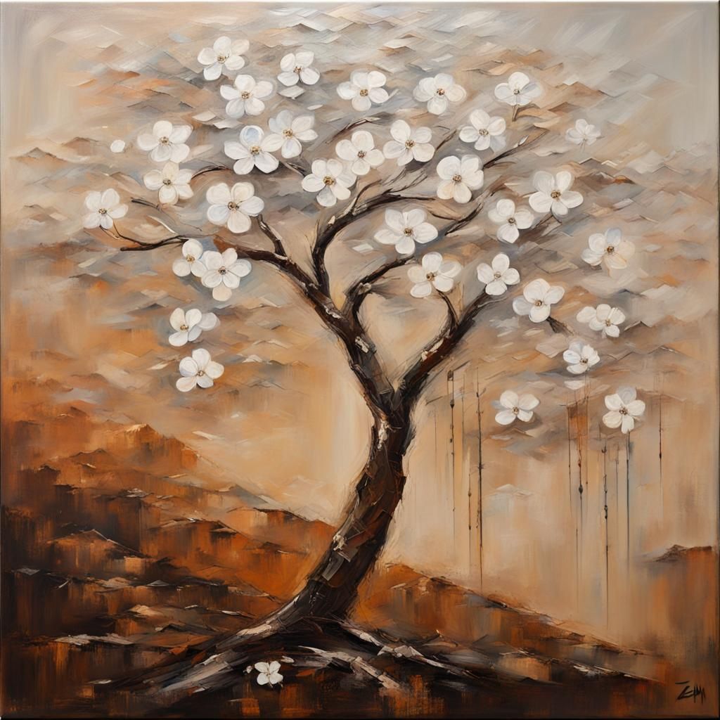 Abstract Tree with White Flowers in Impasto Style