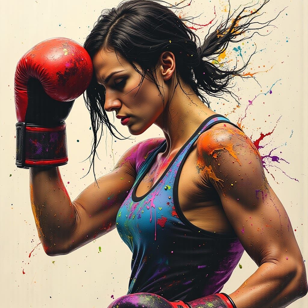 Woman Boxer in Brutalist Oil Painting Style