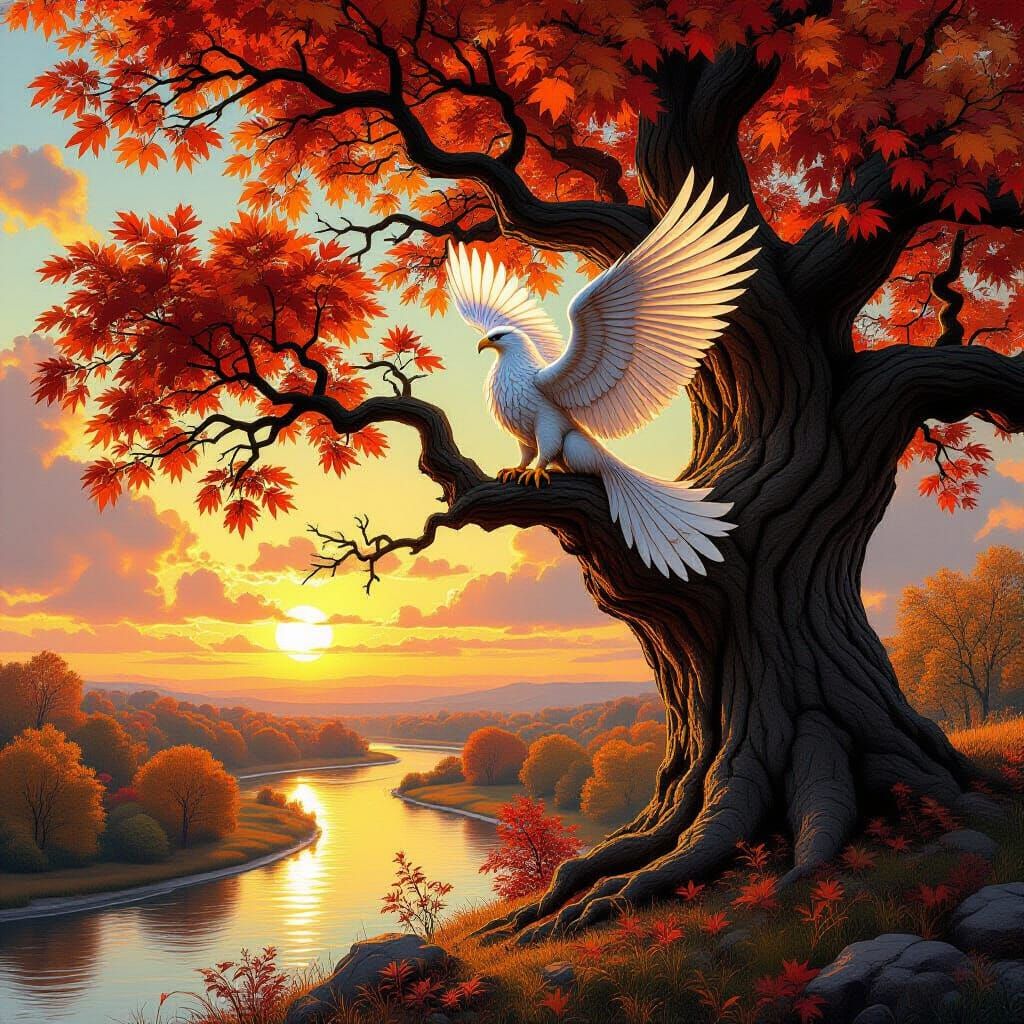 Griffin Perched on Ancient Oak in Autumnal Sunset