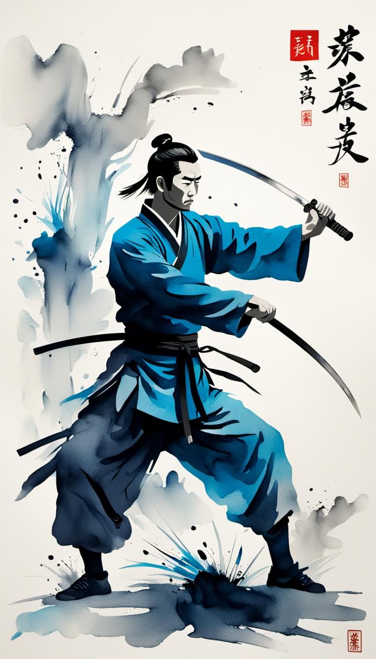 Minimalist Chinese Ink Painting of Swordsman