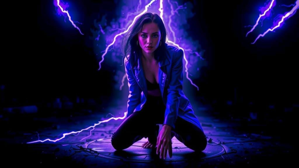 Cyberpunk Figure in Neon Rain and Lightning