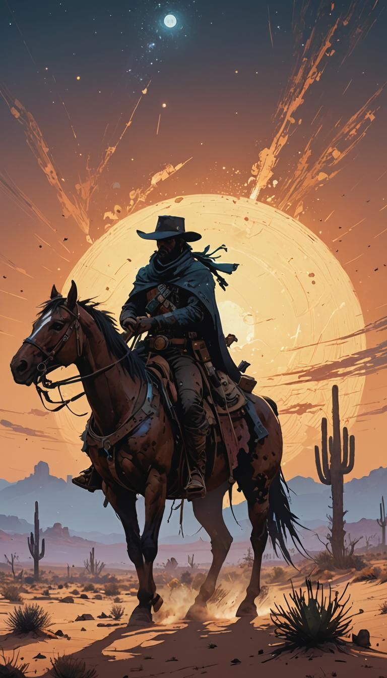 16k resolution, art by Ismail Inceoglu and Yoshitaka Amano. A mystical gun-slinging cowboy outlaw silhouette, riding a s...