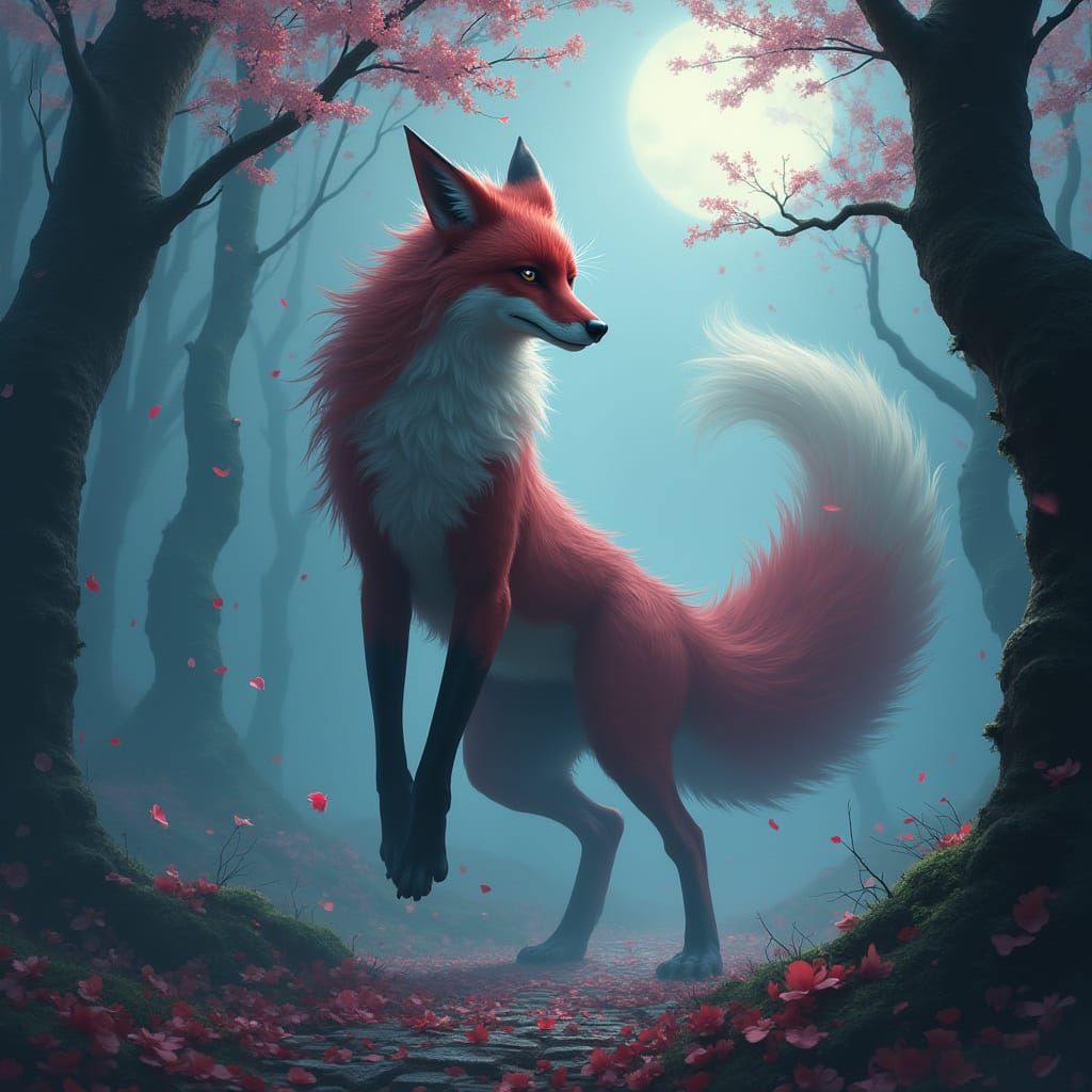 Mystical Fox Spirit in Moonlit Forest