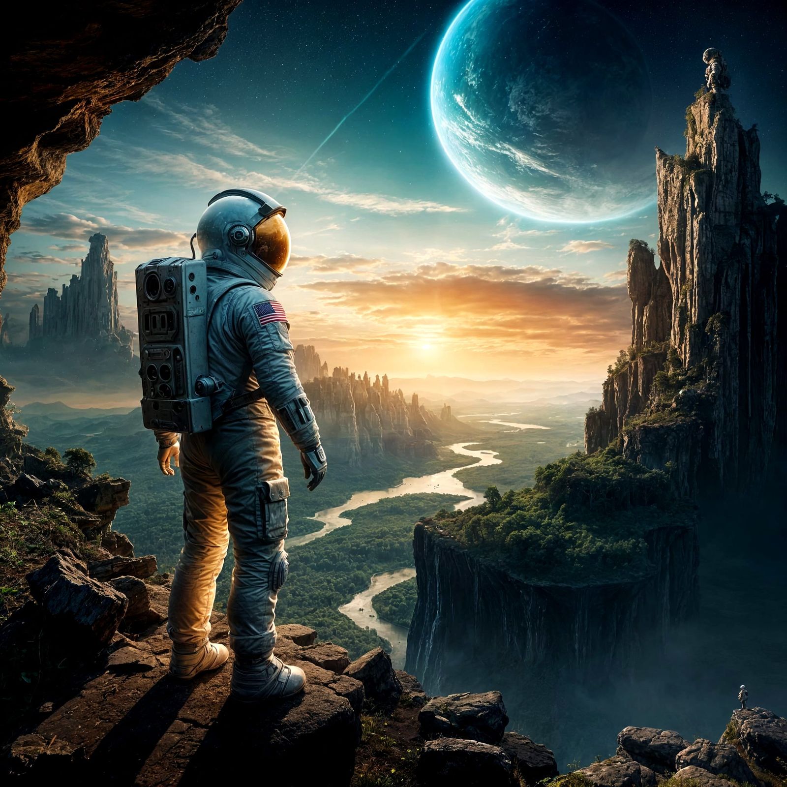Astronaut Overlooks Earth's Ruins in a Futuristic Landscape