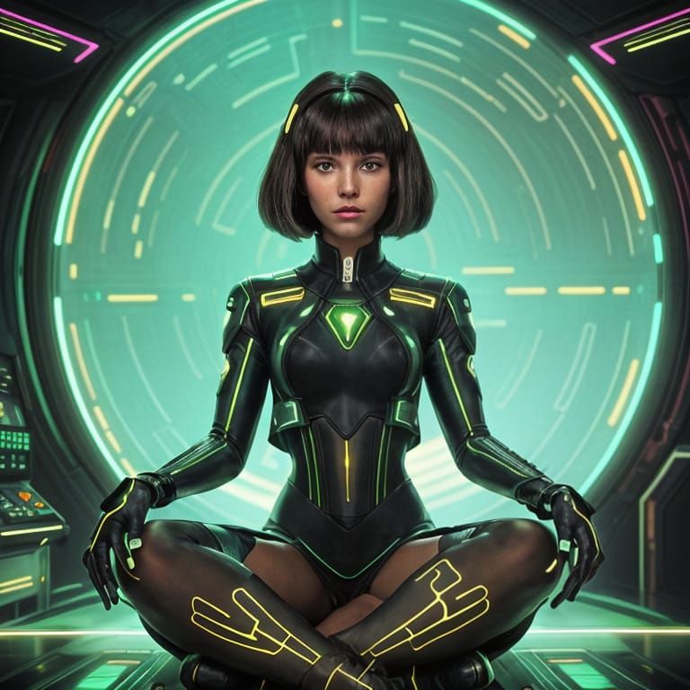 Cyberpunk Goddess Meditates on Starship Bridge