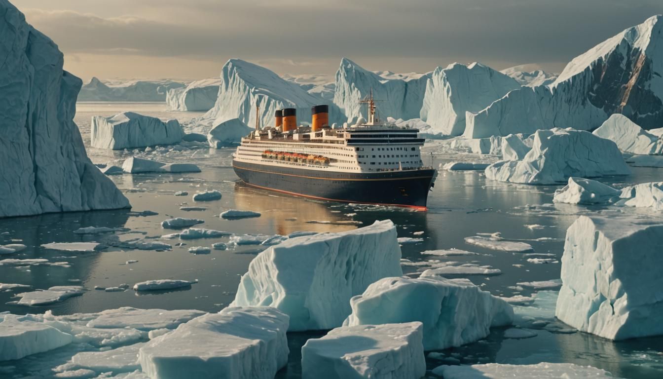 Ocean Liner Sails Through Icy Waters in Golden Light