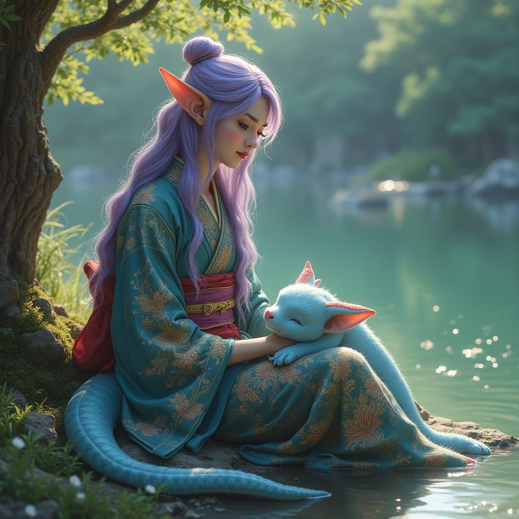 Dark Elf in Kimono with Dragon, Inspired by Gurney