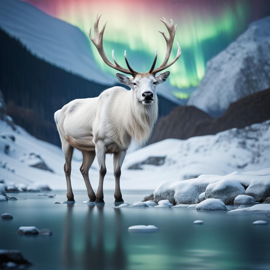 White Stag Drinks Under Aurora: Photorealistic Winter Scene