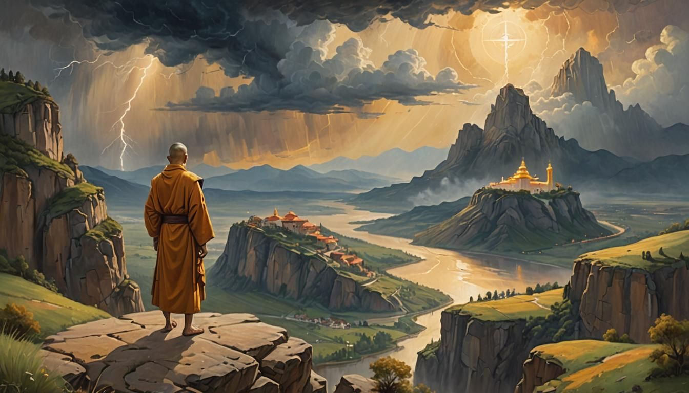 Monk Overlooking Monastery in Surrealist Oil Painting