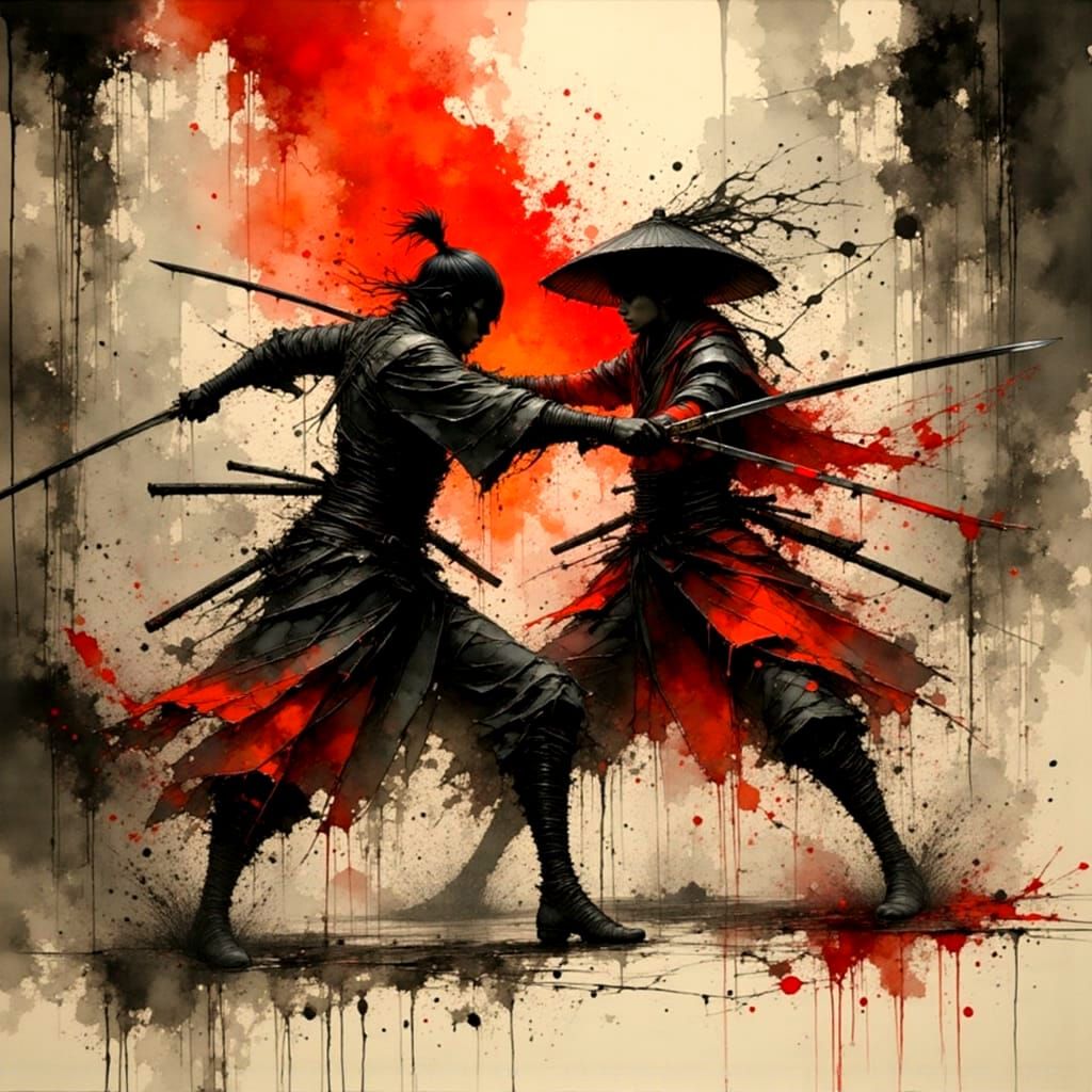 Dynamic Ink Wash Painting of Samurai Duel