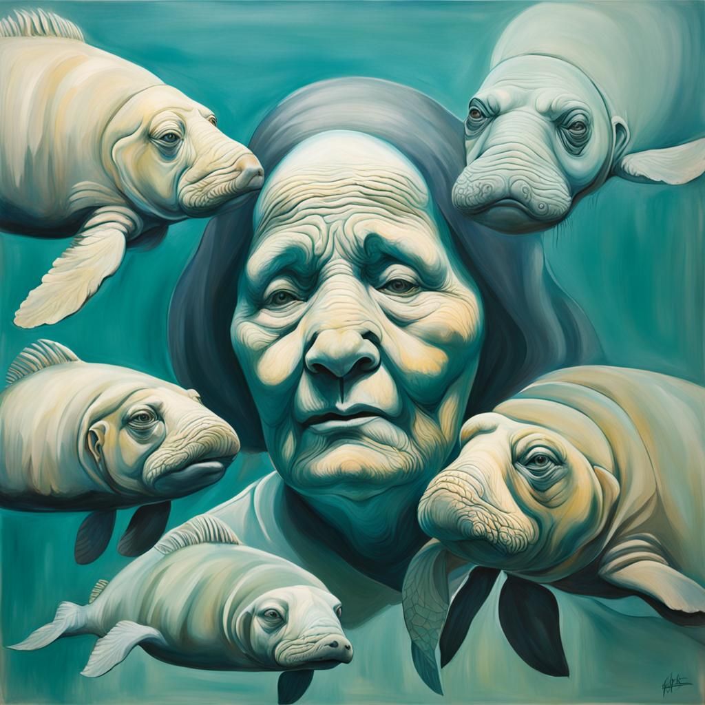 Manatees Underwater in Expressionist Style