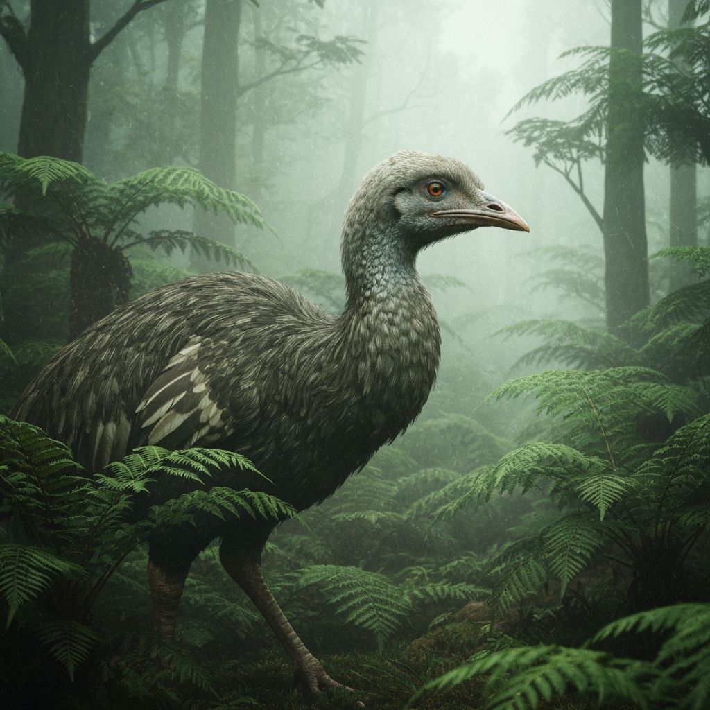 Hyperrealistic Moa in Dense Fern Forest