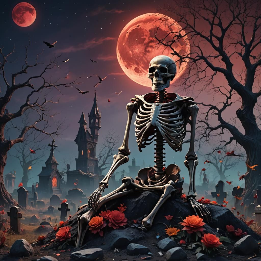 Colorful Skeleton in Graveyard on Moonlit Night
