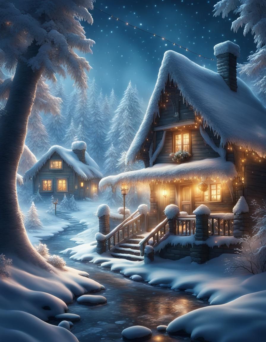 Cozy Christmas Cottage in Snowy Forest
