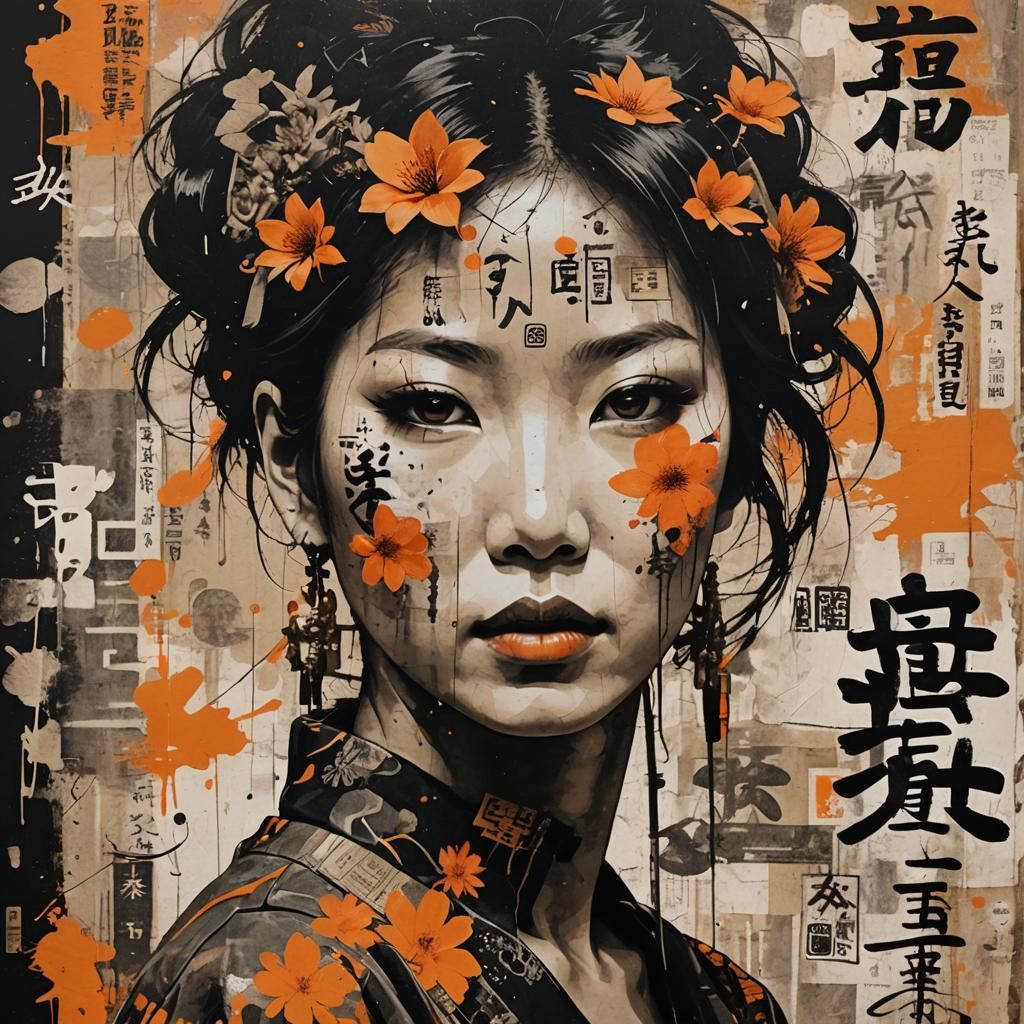 Abstract Punk Portrait of Asian Woman in Wabi-Sabi Style