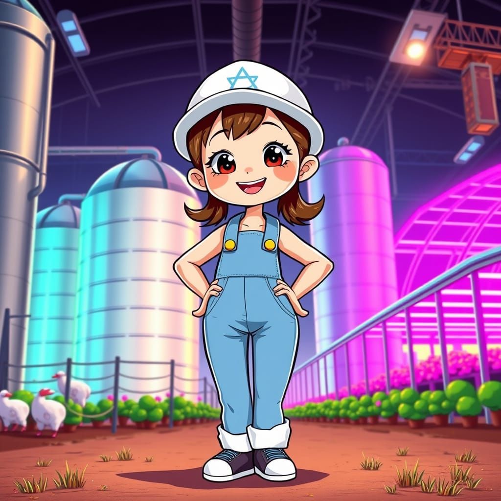 Kawaii Farm Girl in Futuristic Overalls
