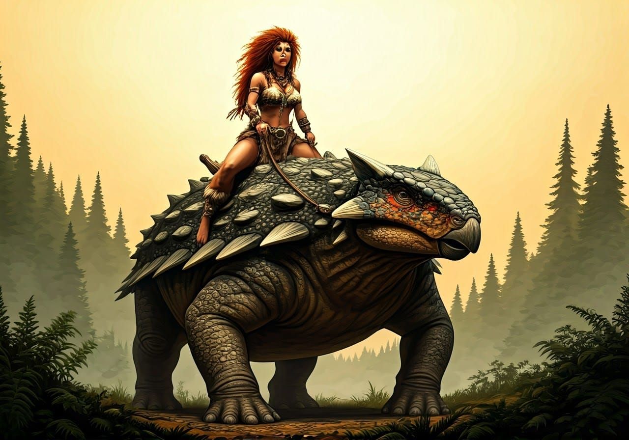 Prehistoric Woman Rides Ankylosaurus in Primordial Forest