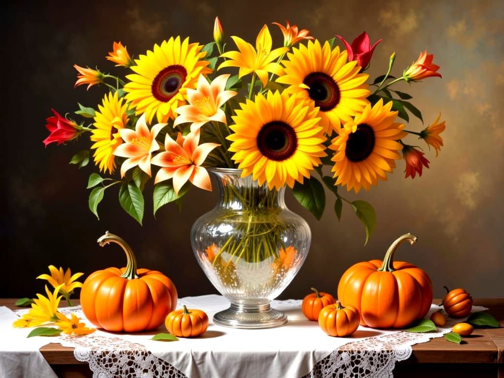 Vibrant Still Life: Sunflowers, Lilies, and Pumpkins in Sunl...