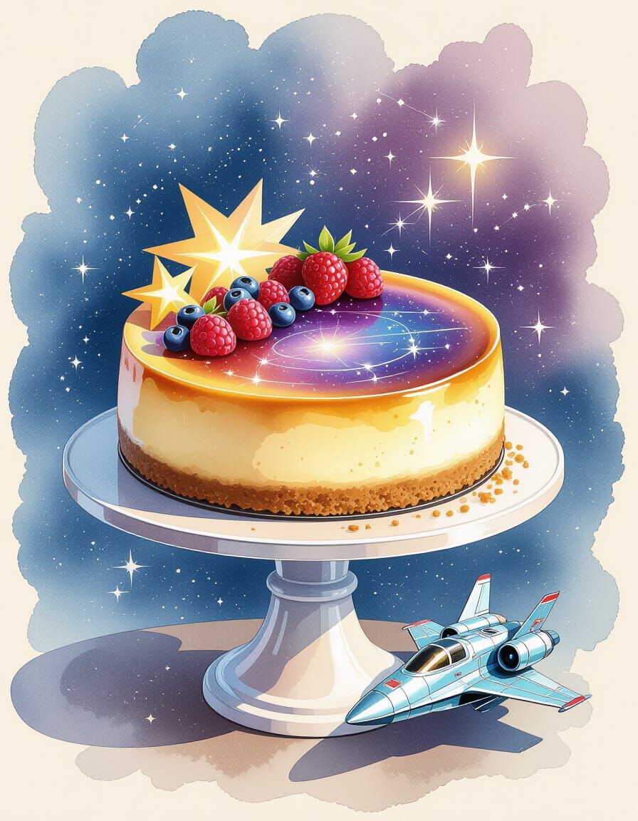 Celestial Cheesecake Spaceship: Watercolor Sci-Fi Art