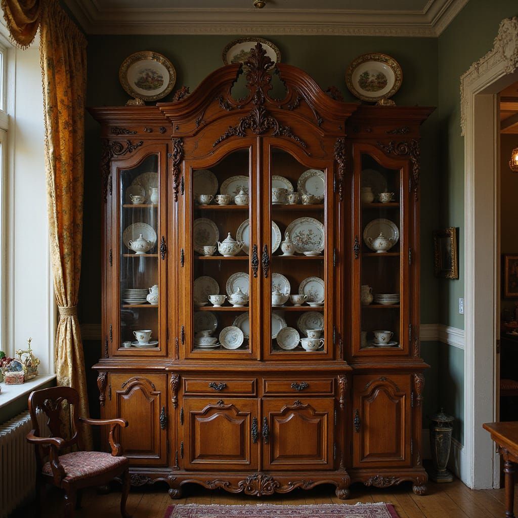 Vintage Wooden China Cabinet with Fine Porcelain and Glass D...