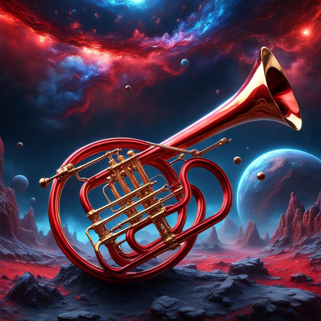 Cosmic Trombone in Red and Blue: Detailed Matte Painting