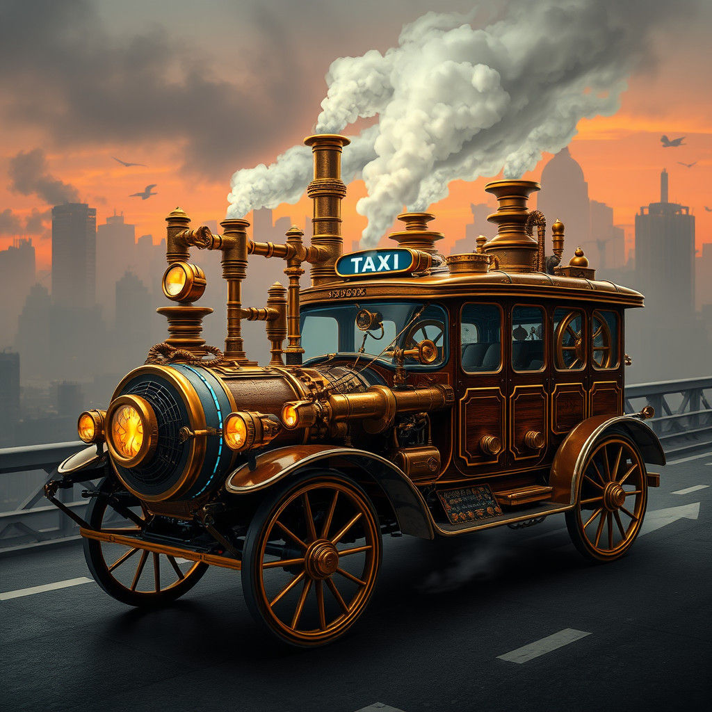Steampunk Taxi in Foggy Cityscape