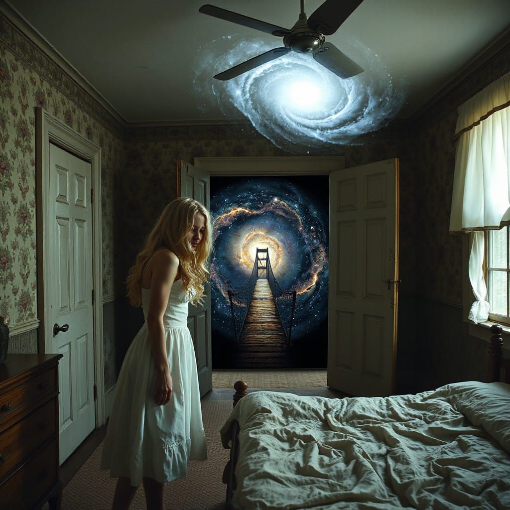 Crying Woman Confronts Cosmic Portal in Gothic Bedroom
