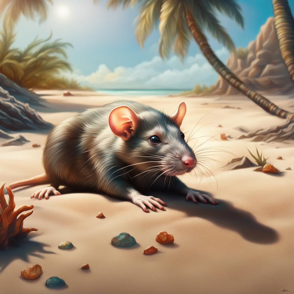 Hyperrealistic Rat Lounging on Desert Island Beach